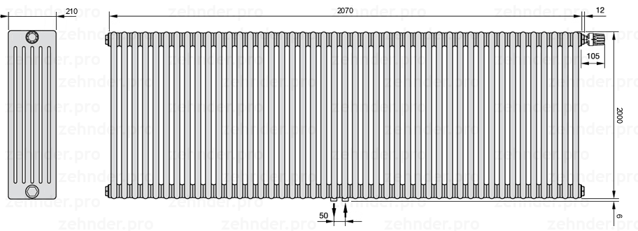 Схема (чертеж) Радиатор Zehnder Charleston 6200/45 №V008 Белый глянцевый RAL 9016